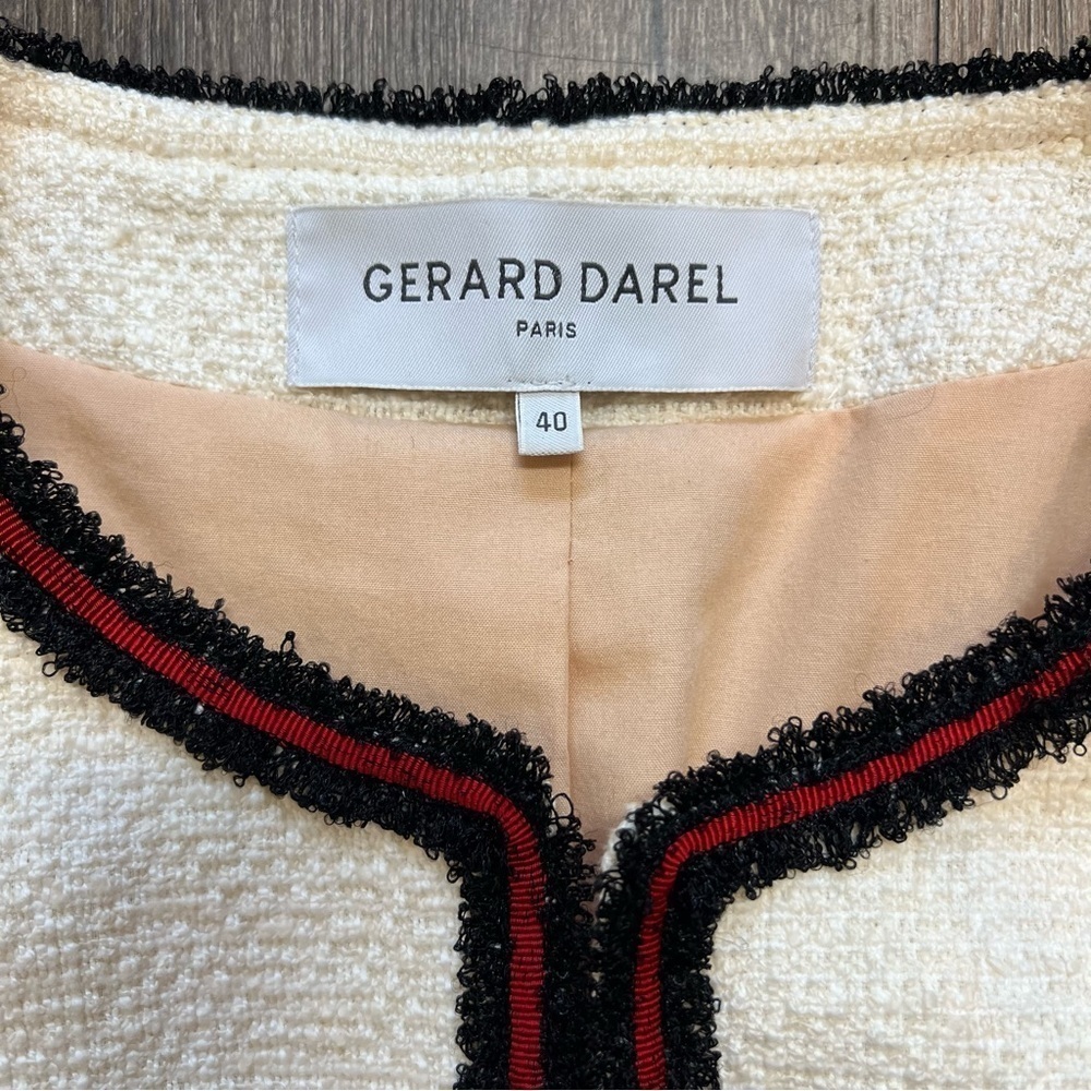 Gerard Darel Ivory Woven Tweed Blazer Long Sleeves Mock Neck Mid Length Summer M - Picture 15 of 15